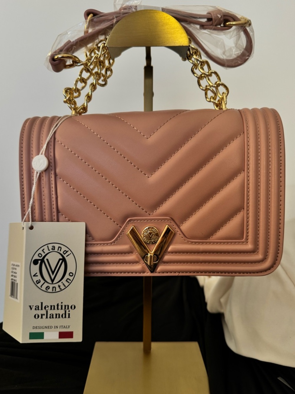 Valentino Orlandi Blush Quilted Shoulder Bag with Gold Hardware